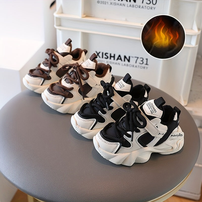 Toddler Boys Winter Low-Top Sneakers with Hook-and-Loop Closure PU Upper PVC Sole Soft Fabric Lining