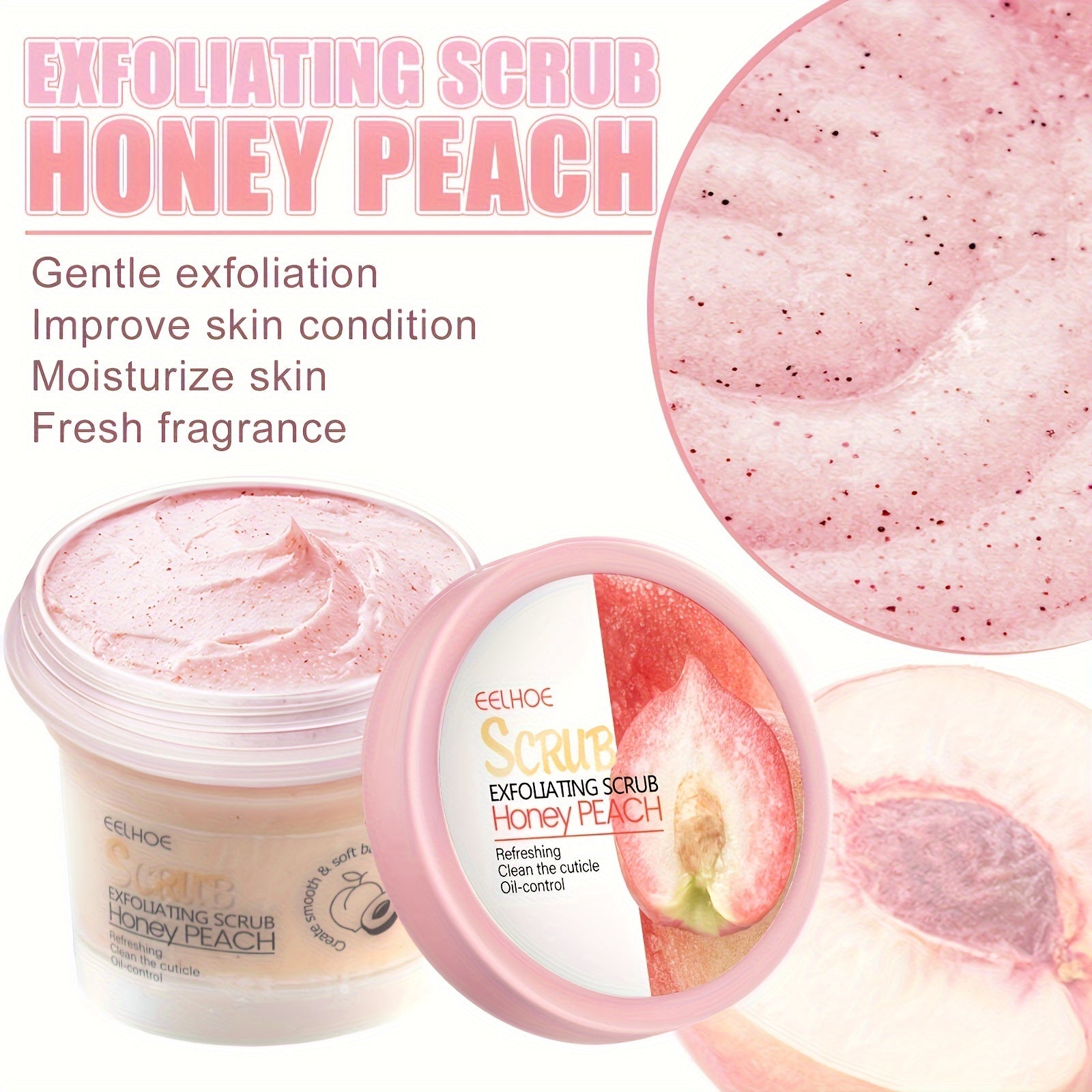 EEHOE Honey Peach Body Scrub Cream (3.53oz) - Yumshoq teri uchun chuqur tozalaydi va eksfoliatsiya qiladi. Barcha teri turlari uchun mos keladi. Glicerin o'z ichiga oladi.