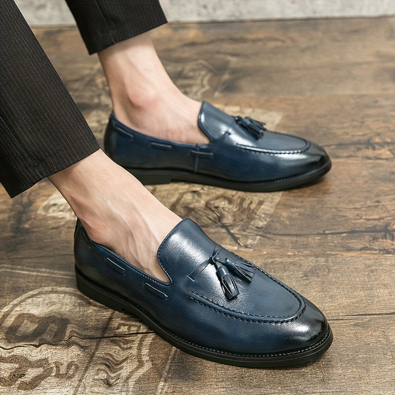 Men's Leather Tassel Loafers Business Casual Slip-On Oxfords Round Toe