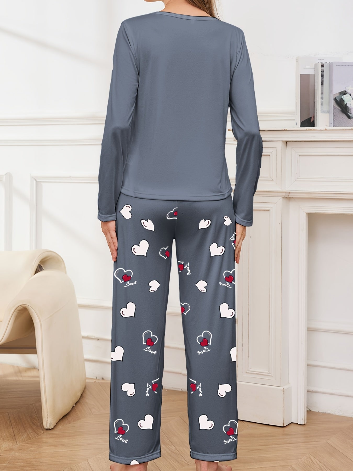 Women's Pajama Set Long Sleeve Heart Print Fall Winter Polyester Lounge Sleepwear