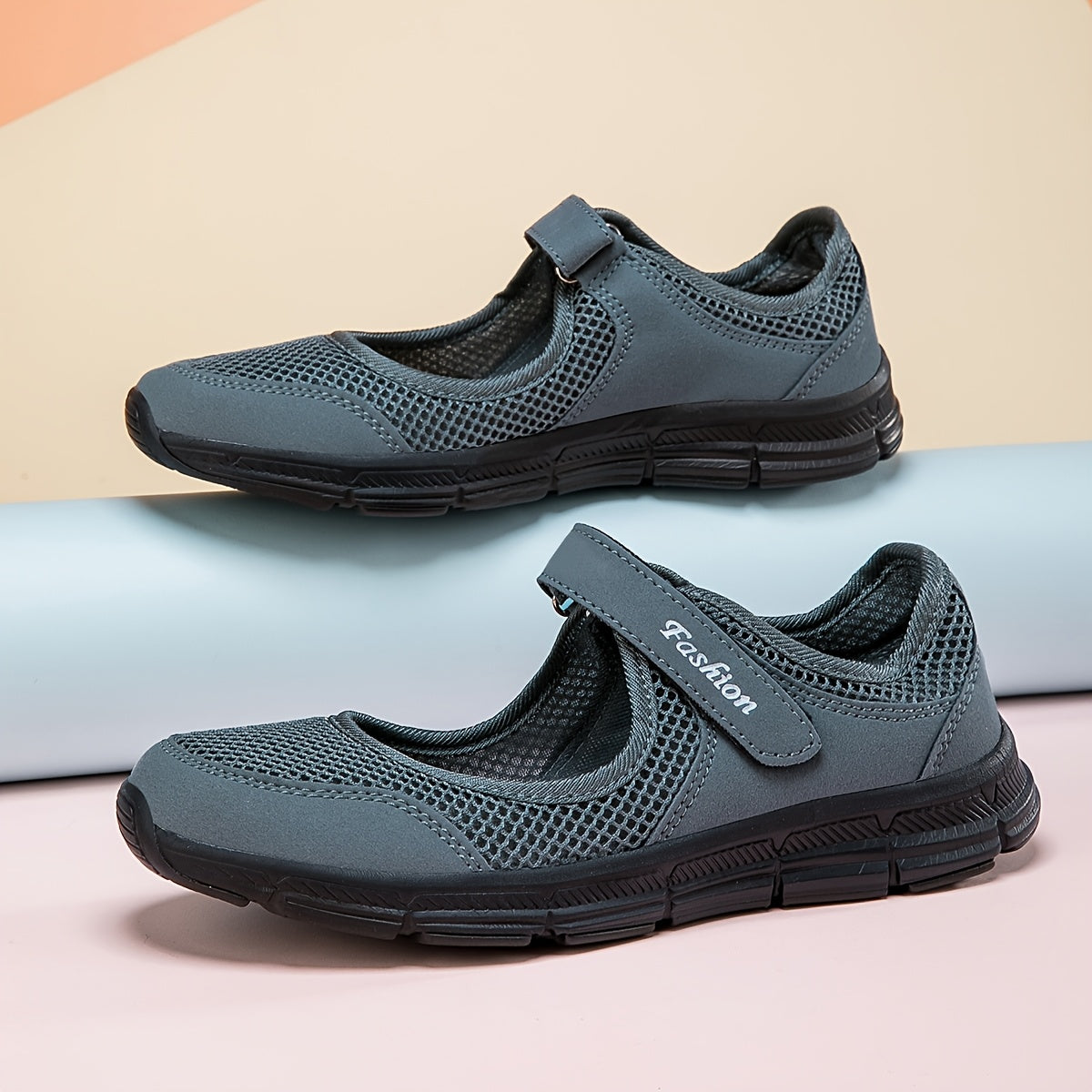 Zapatos planos de malla para verano para mujer - Mary Janes ligeros con correa en el tobillo negro