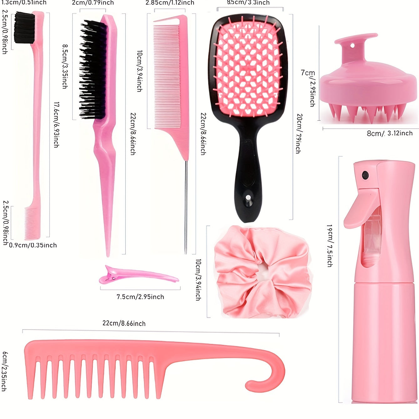 Набор из 12 расчесок для укладки волос, включая расческу для распутывания волос, силиконовую массажную щетку для кожи головы, расческу для распутывания, щетку для начеса, расческу с краем и бутылку для спрея для парикмахерских инструментов.