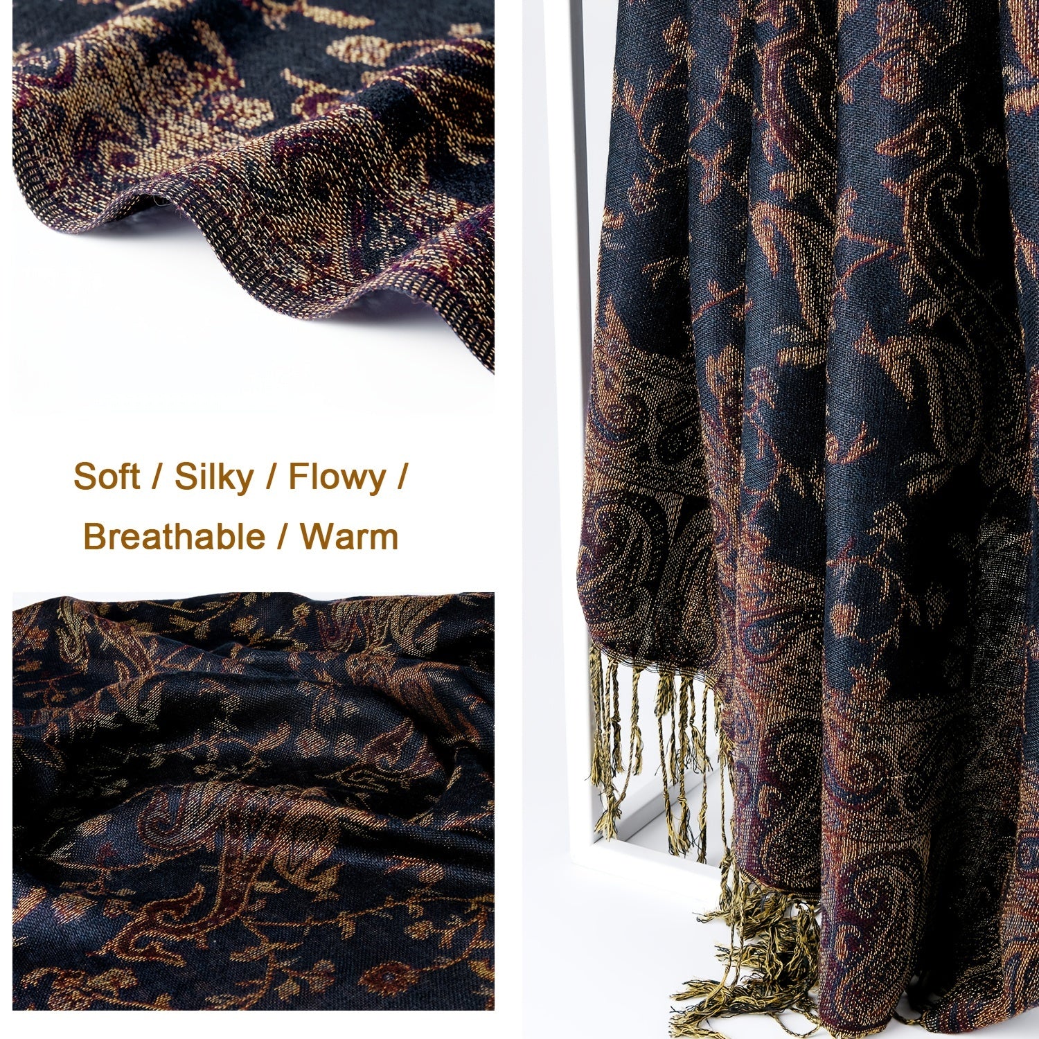 Women's Cashmere-Feel Scarf with Fringed Shawl Wraps Soft Warm and Breathable