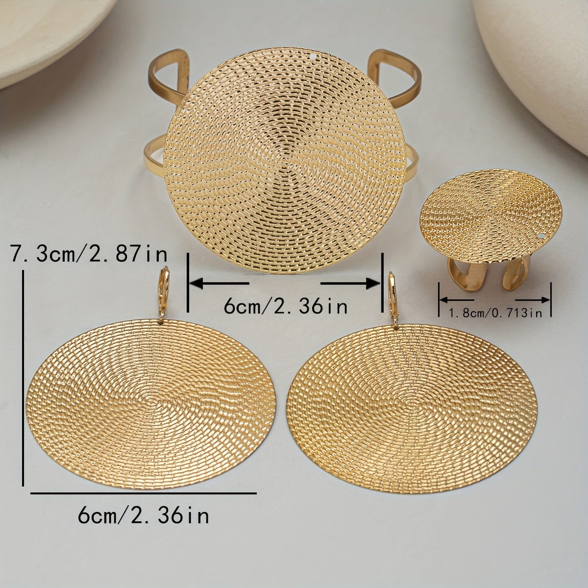 Retro Chic 4-Piece Jewelry Set Oversized Disc Earrings Ring Bracelet Iron Unplated Statement Accessories