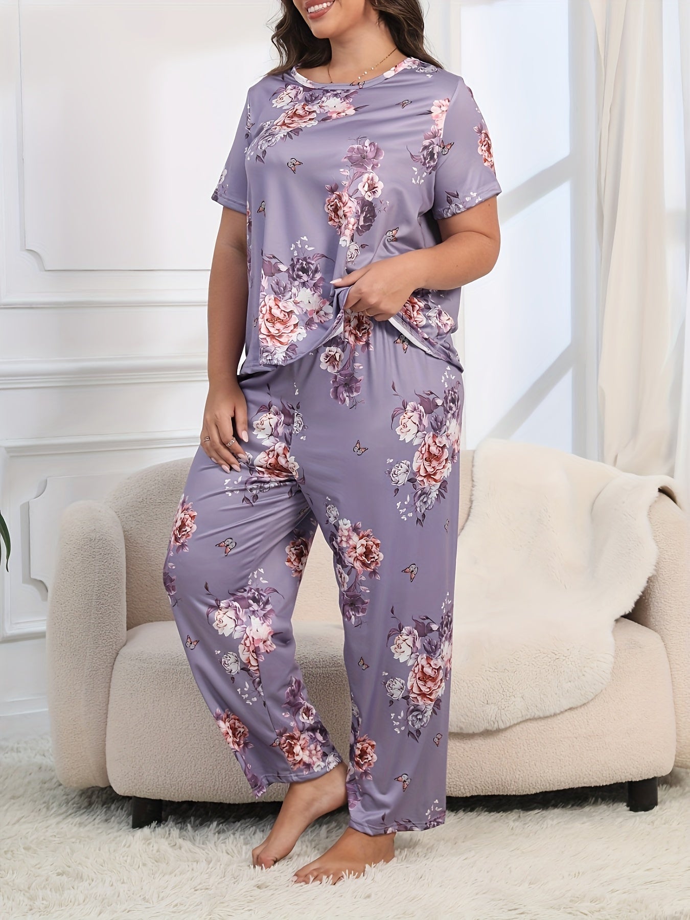 Plus Size Floral Knit Pajama Set with Short and Long Sleeves in Purple