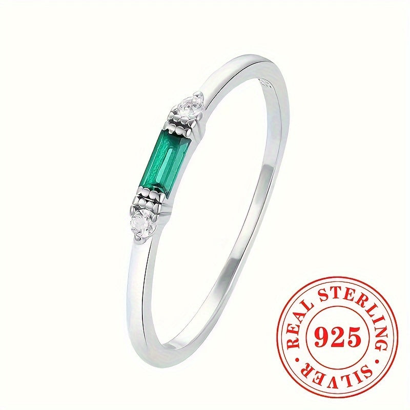 Sterling Silver Ring with Baguette Cubic Zirconia and Green Gemstone for Women