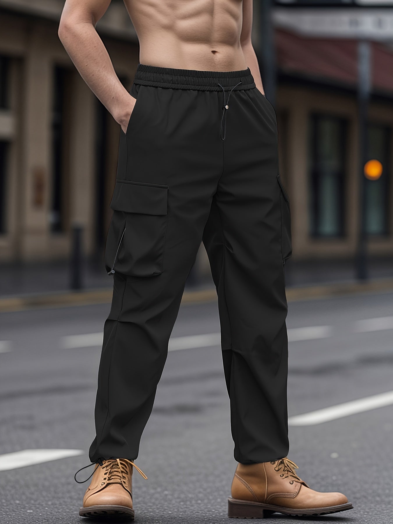 Unisex Cargo Pants with Flap Pockets Drawstring Waist Solid Color Polyester All-Season