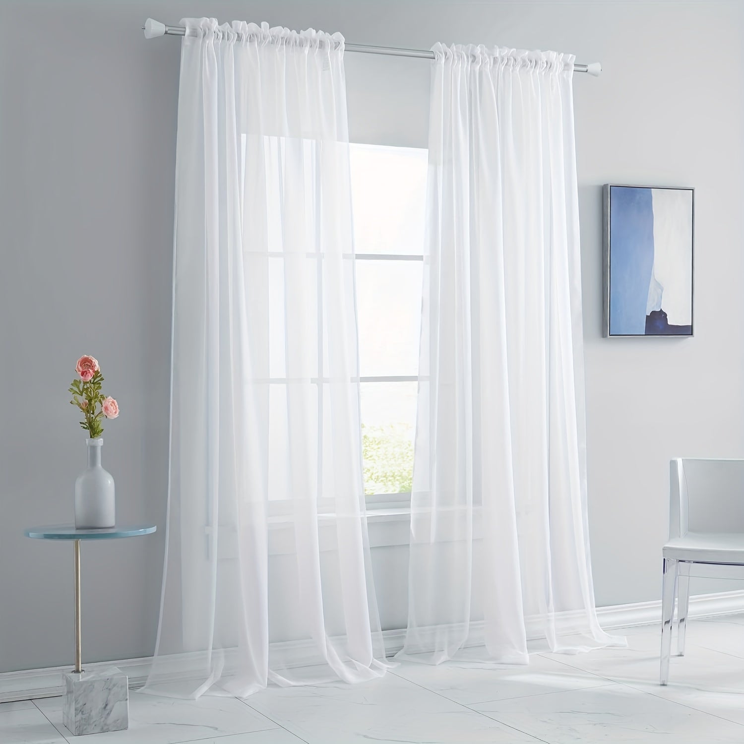 Set of 2 White Sheer Tulle Curtain Panels for Living Room or Bedroom Window Decor