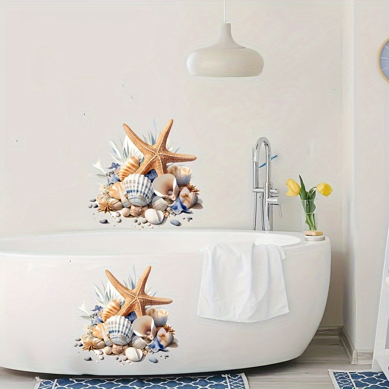 Ocean-Themed Bathroom Decal Set with Starfish and Shells Glossy PVC Ceramic Surface Decor