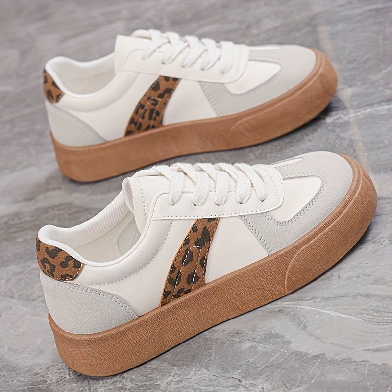 Women's Mid-Top Sneakers Cushioned Sole White Brown Casual Shoes