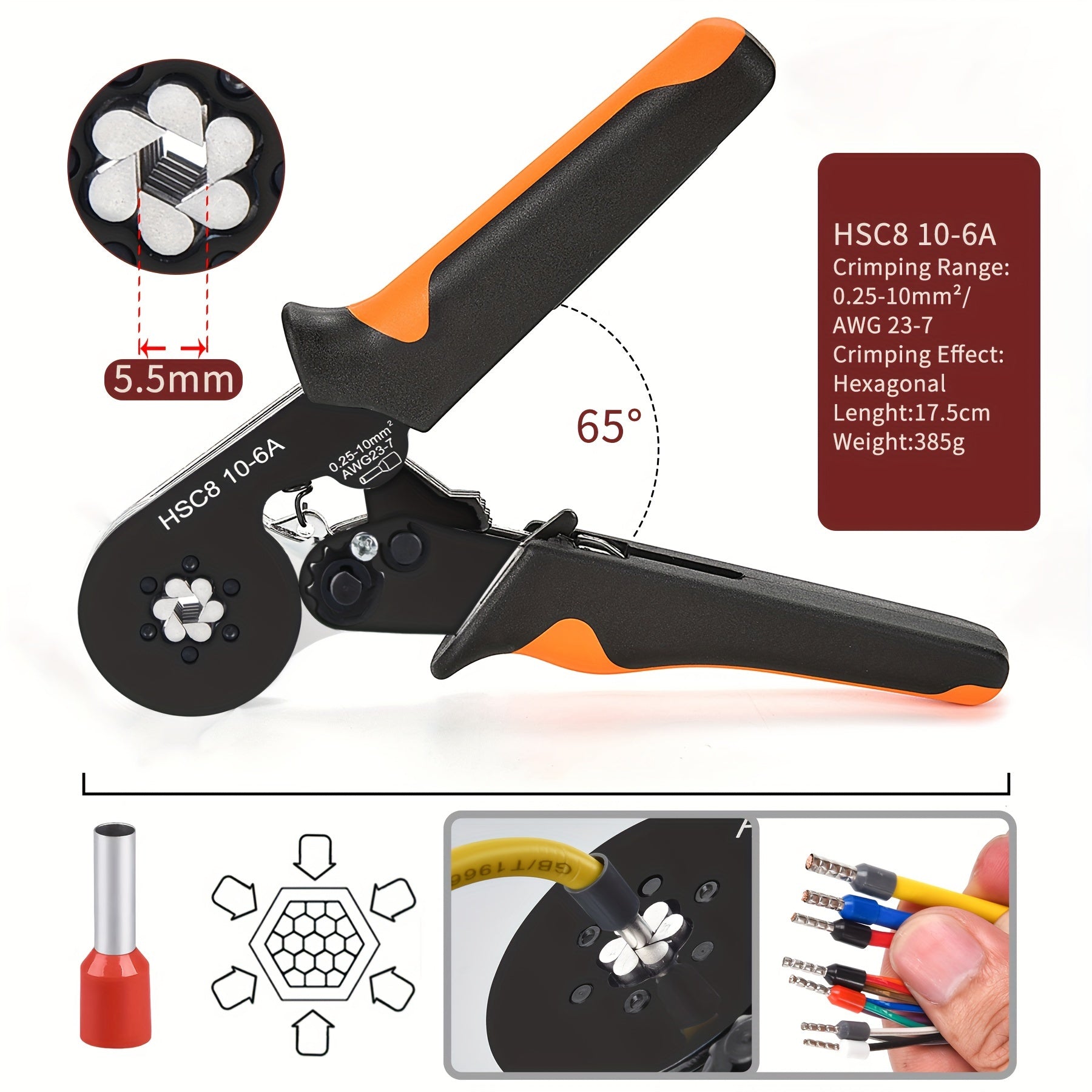 Hexagonal Crimping Tool HSC8 10-6 Adjustable Ratcheting Wire Terminal Crimper