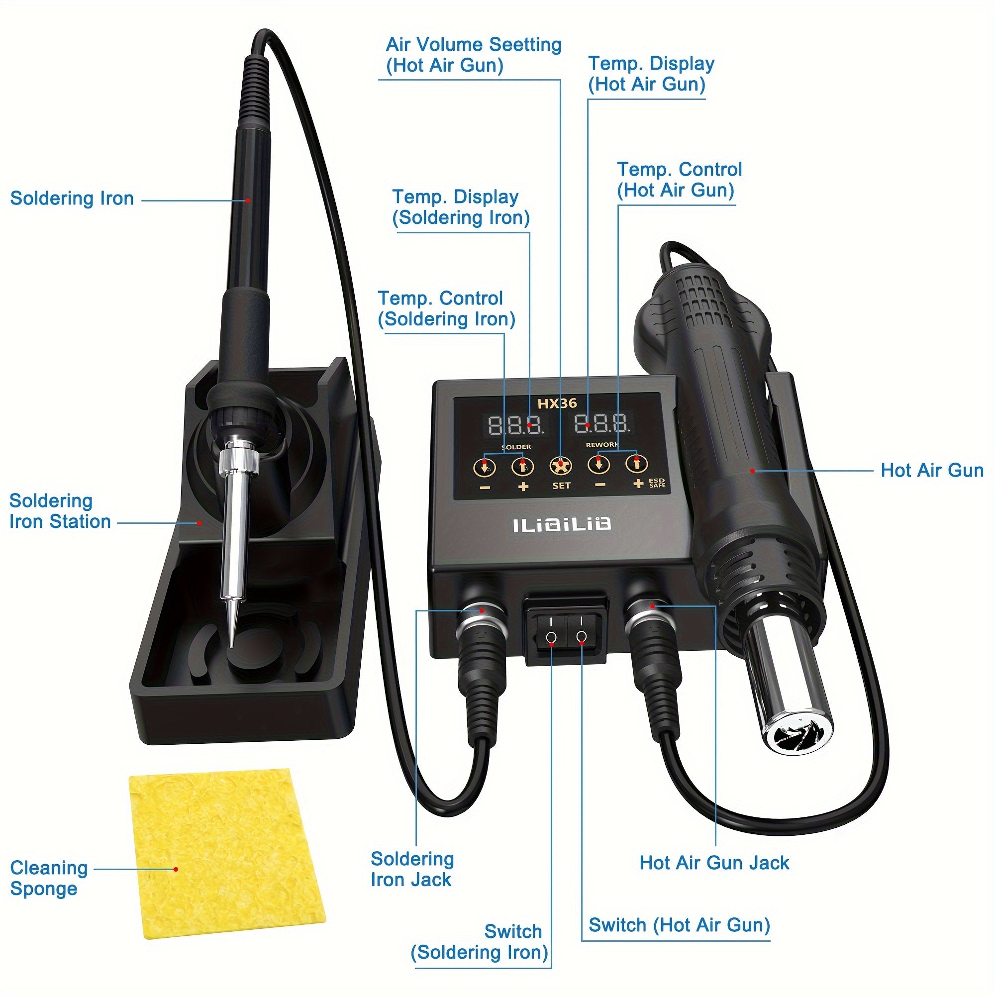 2-in-1 Rework Soldering Station Kit with Hot Air and Iron, Digital Temperature Control, 3 Nozzles, Anti-Static Tweezers, Slip-Resistant Design