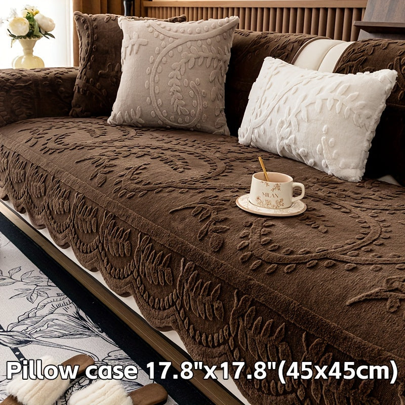 Beige Faux Rabbit Fur Sofa Cover for 1-4 Seaters with Floral Leaf Pattern Non-Slip Washable