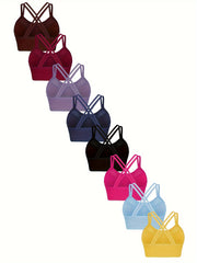 Women's Plus Size Sports Bralette Solid Color Mesh Cross-Back Removable Pads