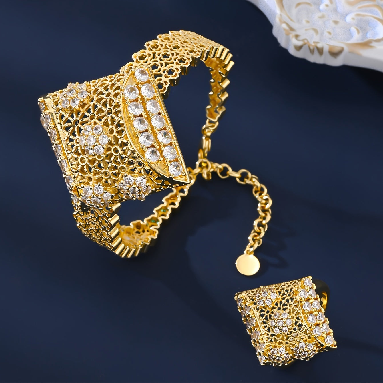 Conjunto de joyería bohemia para mujer, collar, pendientes y anillo de cobre chapado en oro de 18K con zirconia, regalo