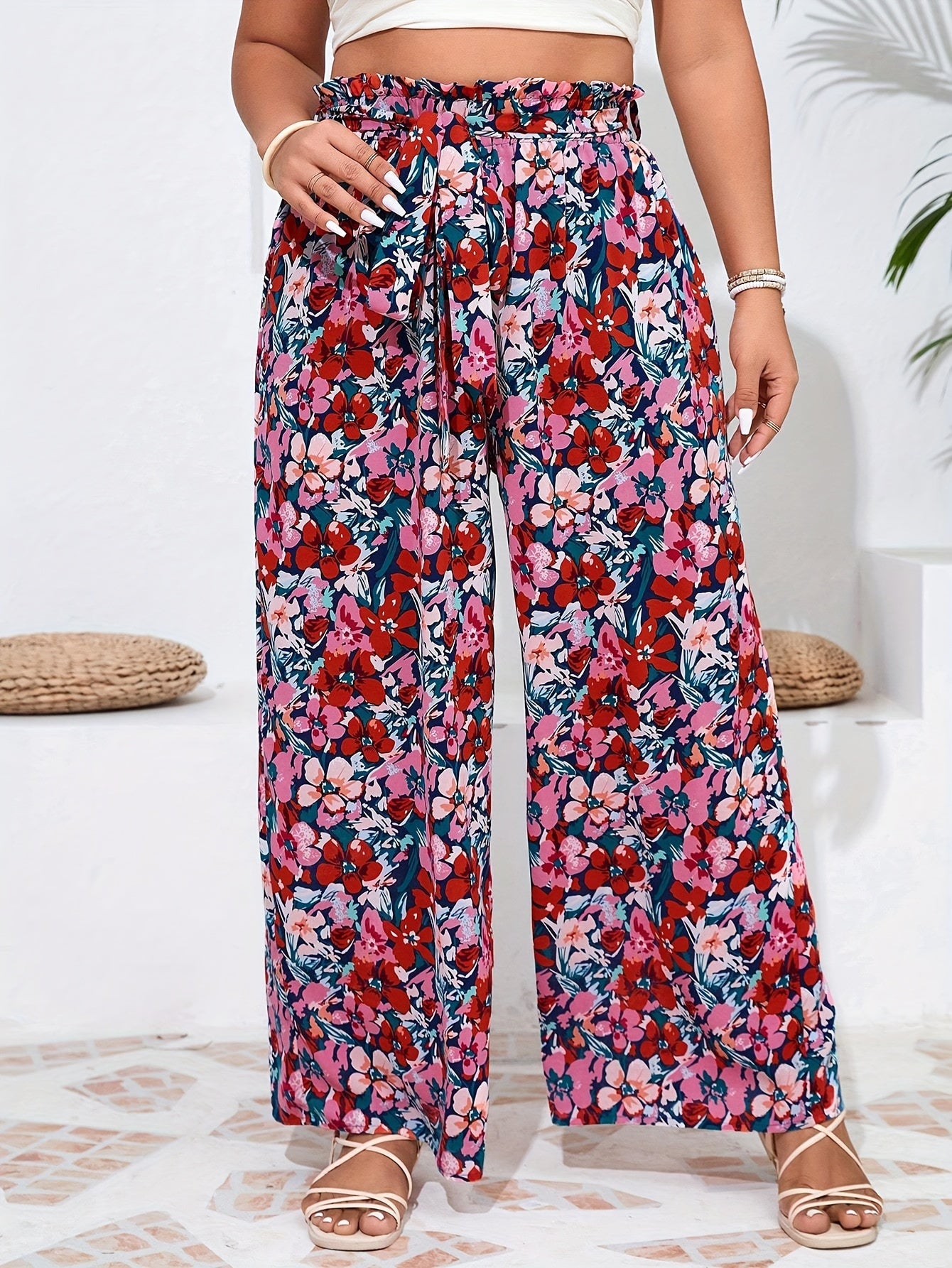 Pantalones anchos de talla grande para mujer con estampado floral, pantalones casuales de corte relajado y duraderos