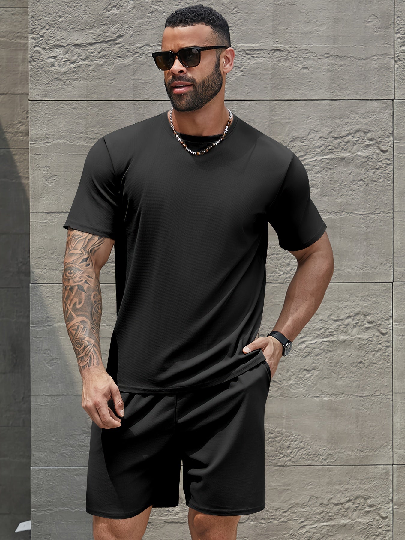 Men's Polyester Casual Sports Outfit with Short-Sleeve T-Shirt Shorts and Long Pants for Running and All-Season