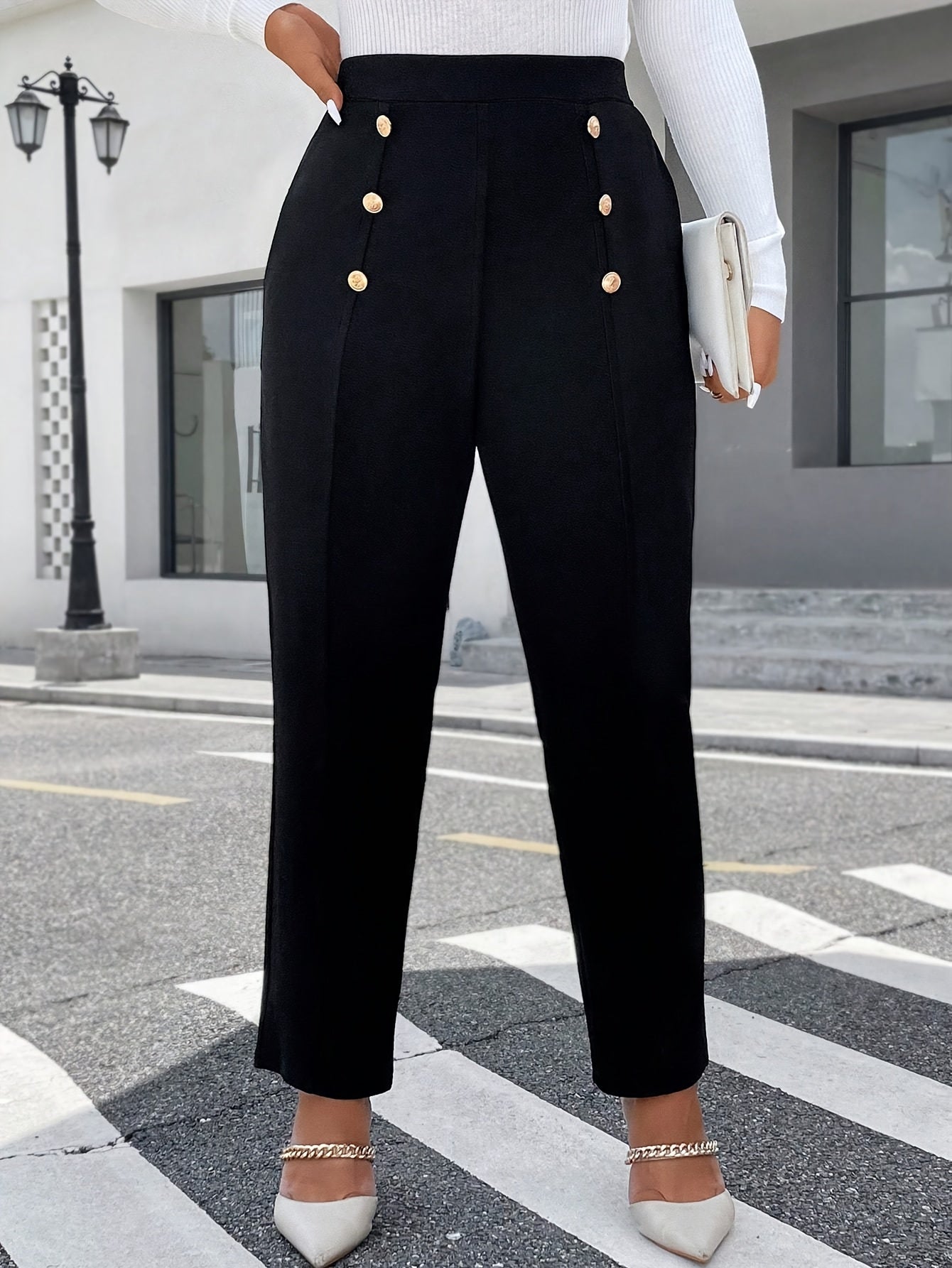 Plus Size High-Waist Straight Leg Pants with Decorative Buttons Black Polyester Blend