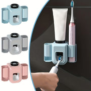 Wall-Mounted Toothbrush Holder with Automatic Toothpaste Dispenser Bathroom Organizer