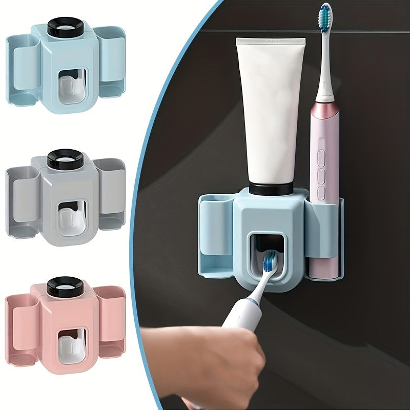 Wall-Mounted Toothbrush Holder with Automatic Toothpaste Dispenser Bathroom Organizer