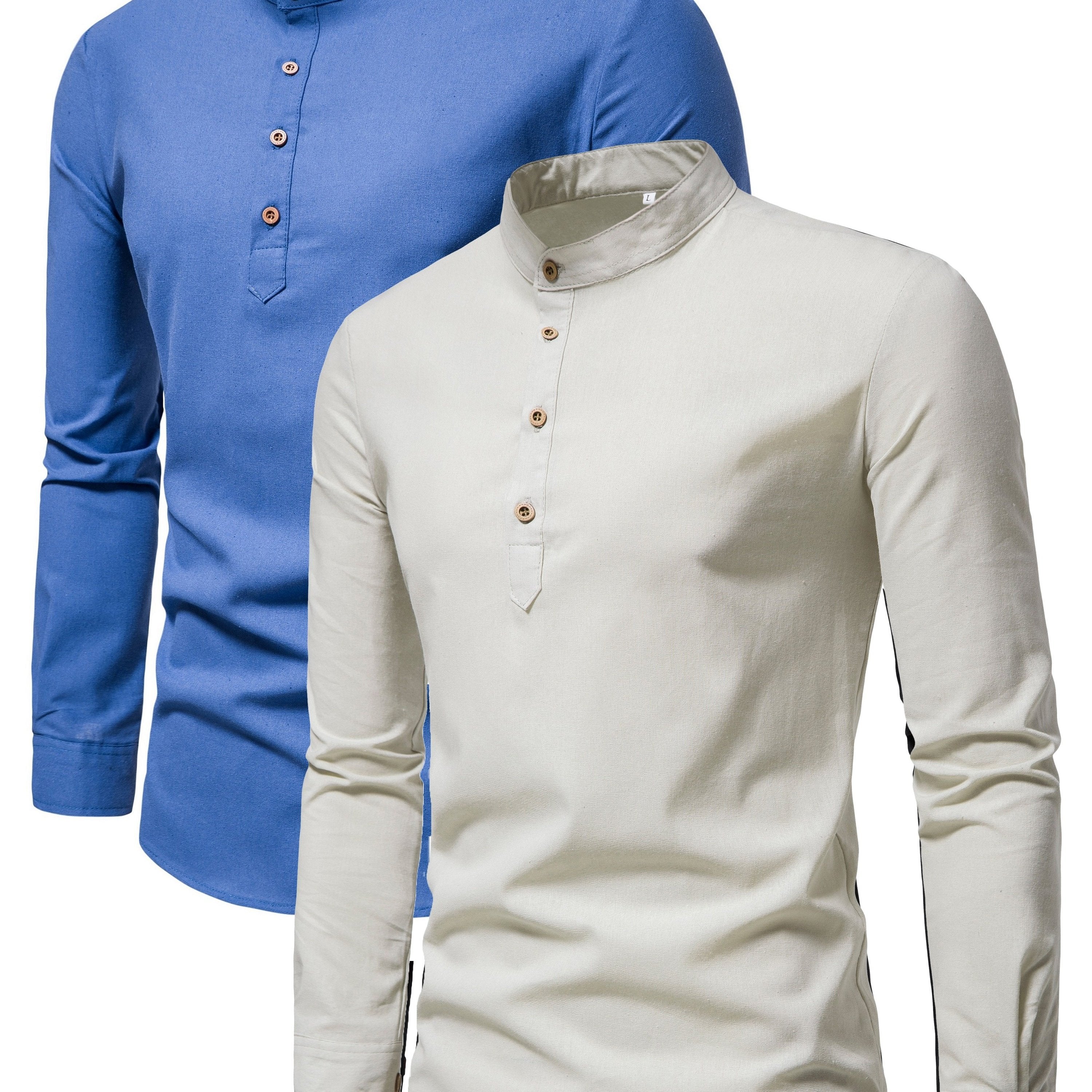 Men's Cotton Long-Sleeve Shirt Set Spring Autumn Stand Collar Slim Fit Solid Color Outdoor