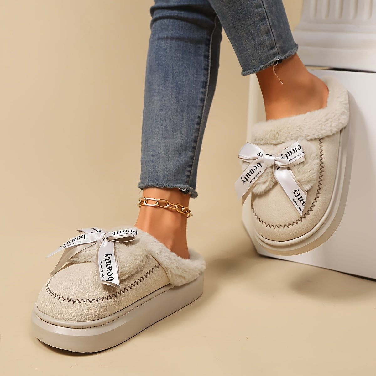 Women’s Plush Winter Slippers with Bowknot Non-Slip Sole for Indoor Outdoor