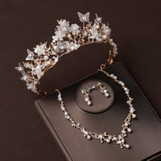 Set of 3 Bridal Jewelry Pieces Rhinestone Butterfly Tiara Faux Pearl Floral Headband Necklace Earrings