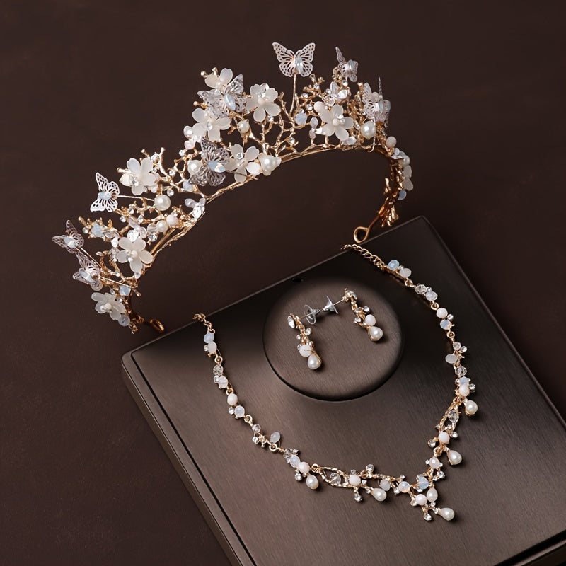 Set of 3 Bridal Jewelry Pieces Rhinestone Butterfly Tiara Faux Pearl Floral Headband Necklace Earrings