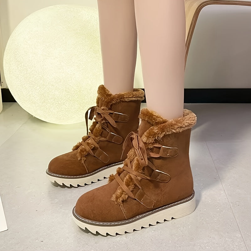 Women's Plush Lined Snow Boots Solid Color Lace-Up Warm Mid-Calf Outdoor Anti-Slip