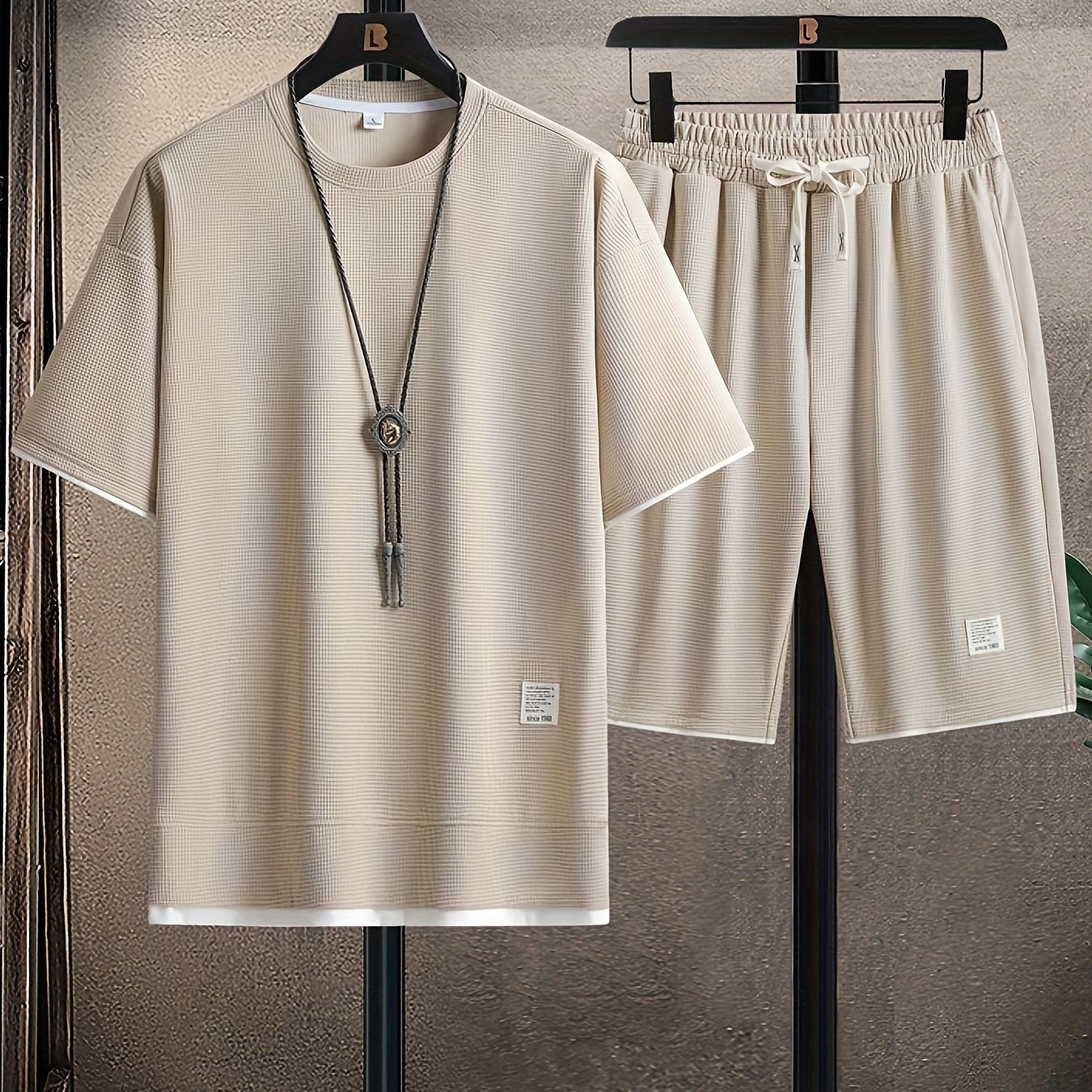 Camiseta de cuello redondo con patrón de cuadrícula de waffle para hombre, conjunto deportivo casual de dos piezas, transpirable, poliéster