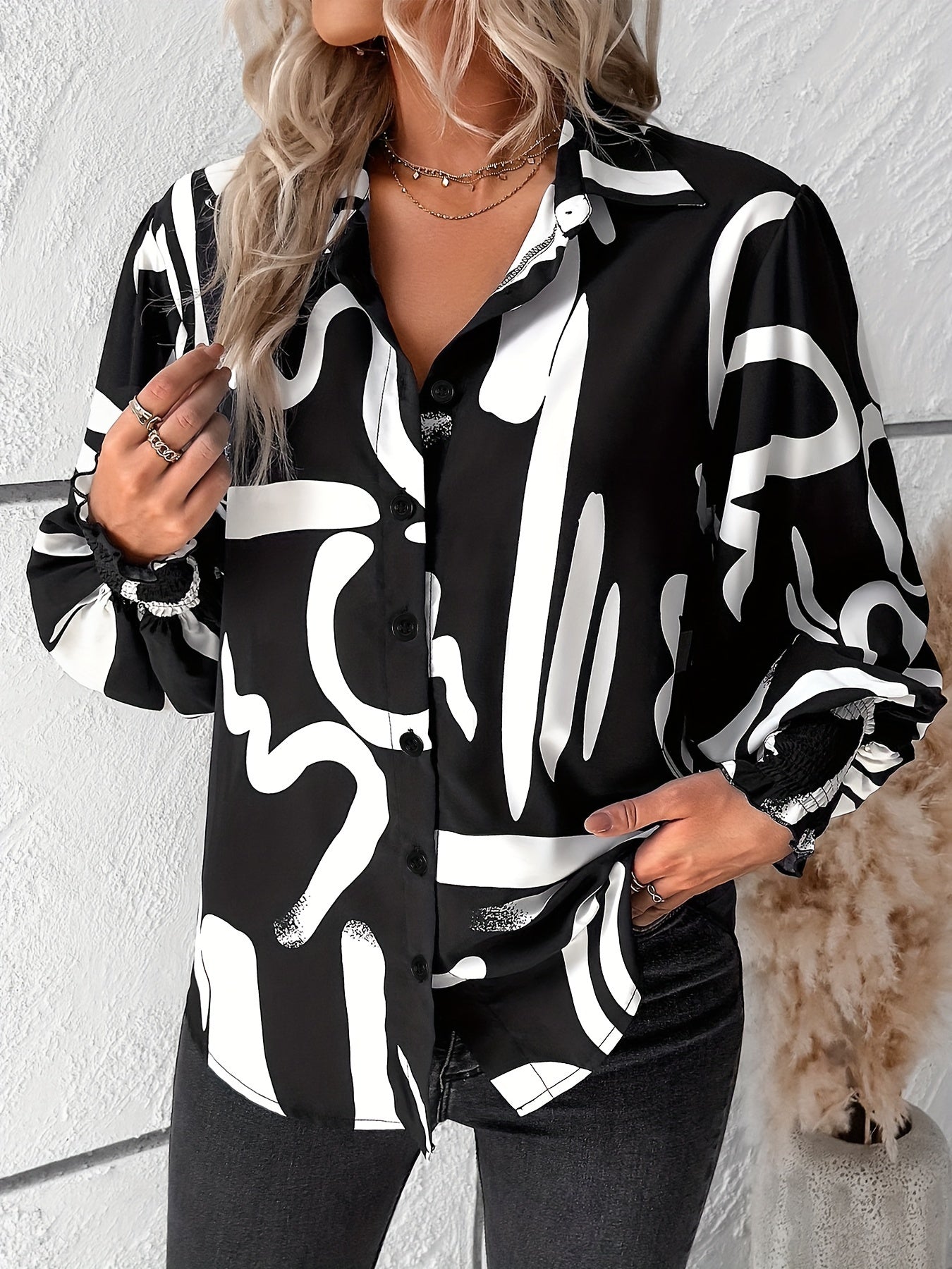 Plus Size Geometric Print Button Front Shirt Long Sleeve Spring Fall Womens Clothing