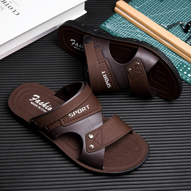 Erkaklar uchun yozgi moda sandallari bir rangli va grafik ko'cha uslubida. Tashqi plyaj va sayohat uchun sirpanmaydigan EVA taglikka ega bo'sh ochiq barmoqli oyoq kiyimlari. Yumshoq klassik biznes ko'rinishi.