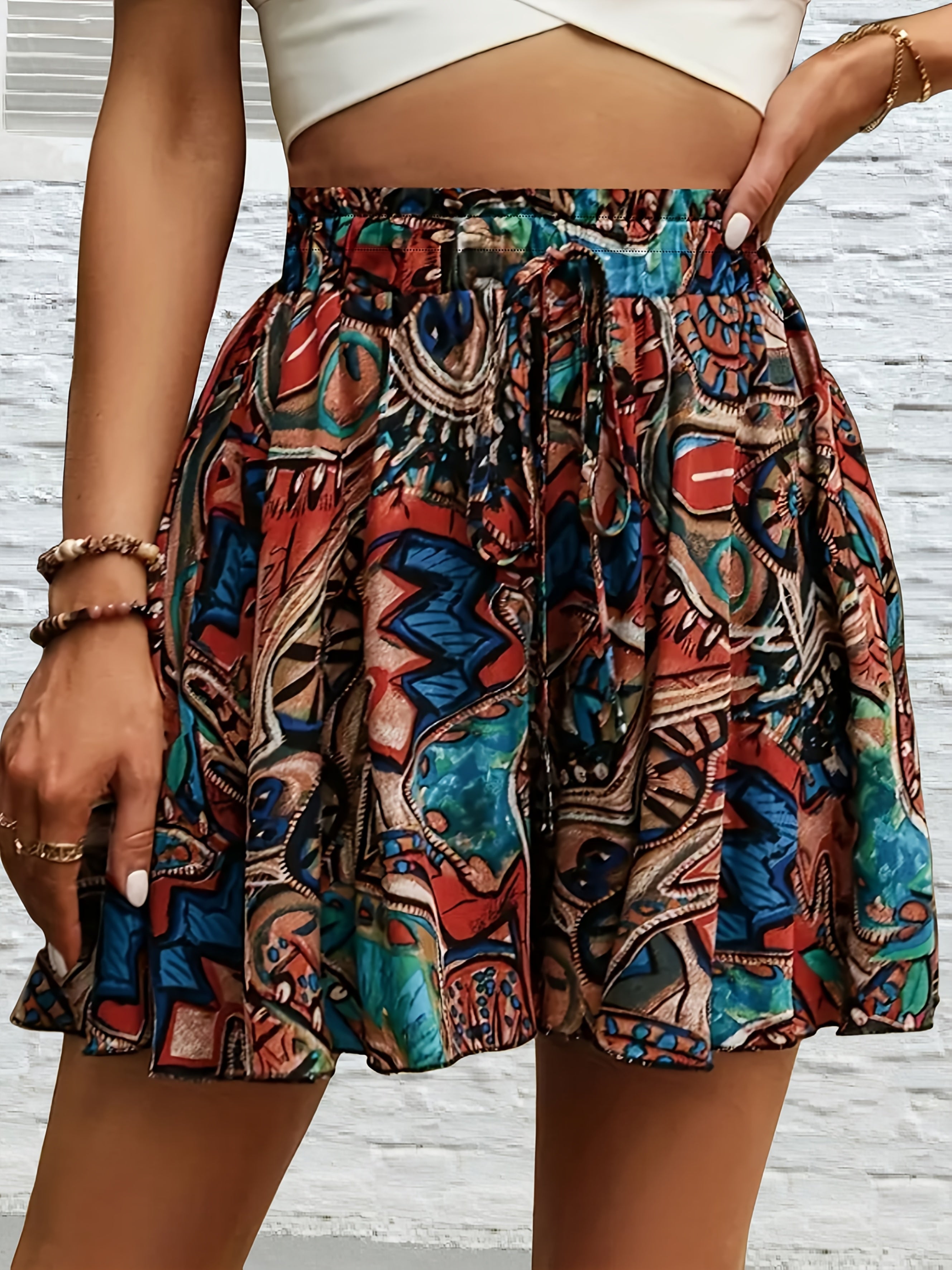 Shorts de verano con cinturilla de lazo y estampado floral de cachemira para mujer