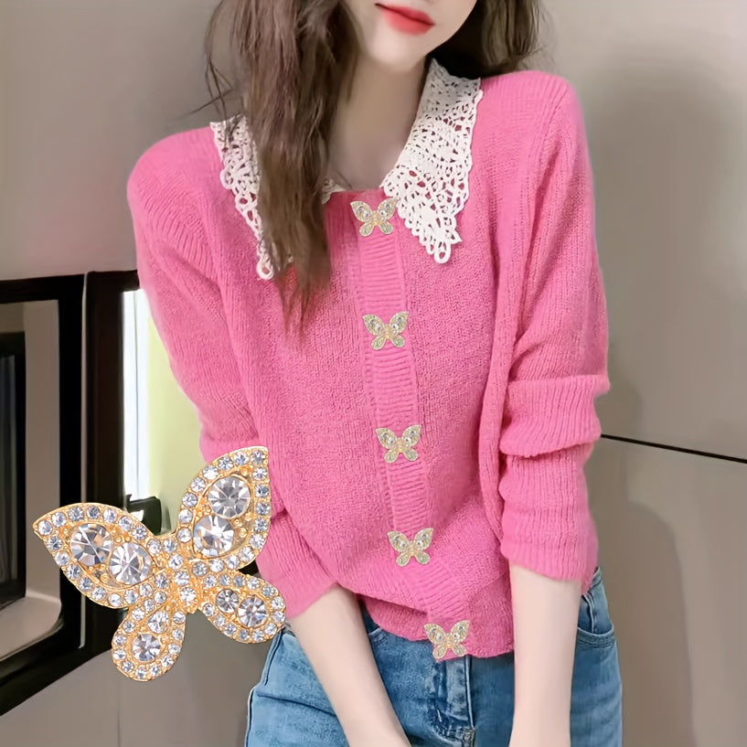 Set of 5 French-Inspired Butterfly Buttons with Rhinestones Metal Alloy Decorative Fasteners for Clothing