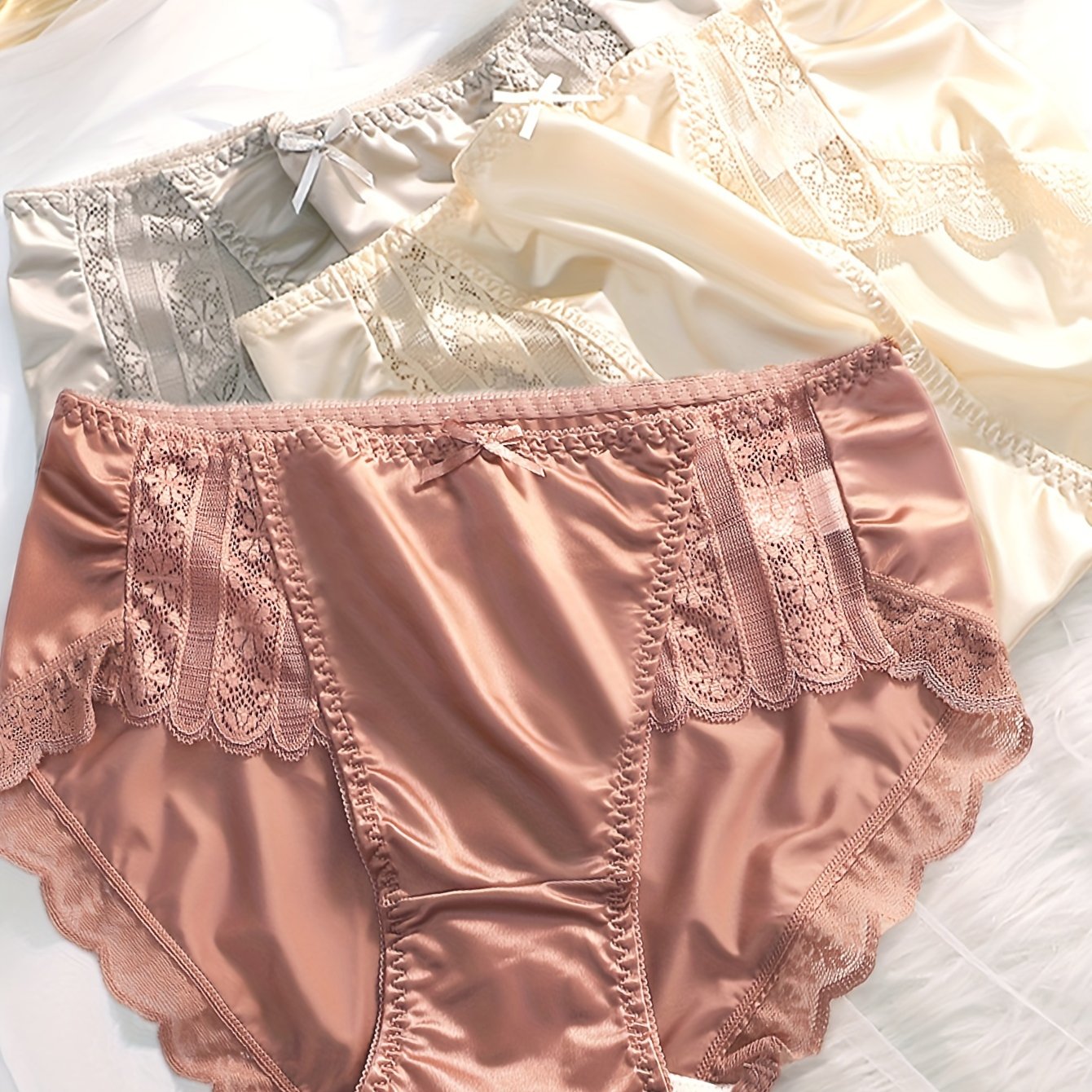 Women's Satin Briefs Set 3 Pack Lace Trim Breathable Polyamide Elastane