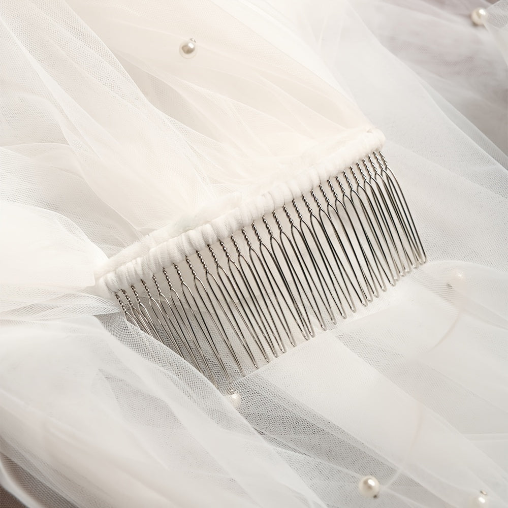 Wedding Veil with Comb Church Floor Long Triple Wide Rice Pearl Bridal Accessory