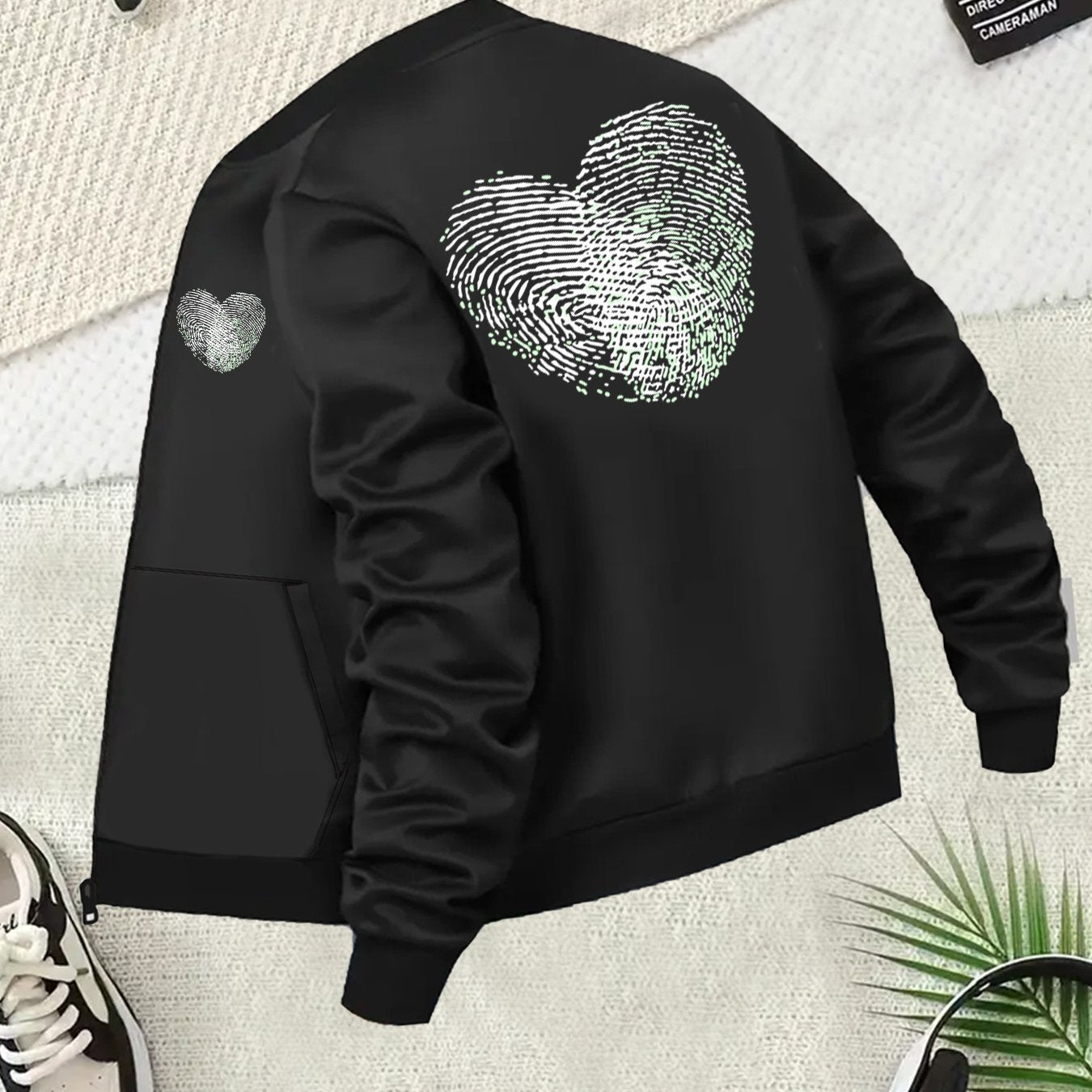 Plus Size Women's Casual Baseball Collar Jacket Black Green Print Long Sleeve Coat