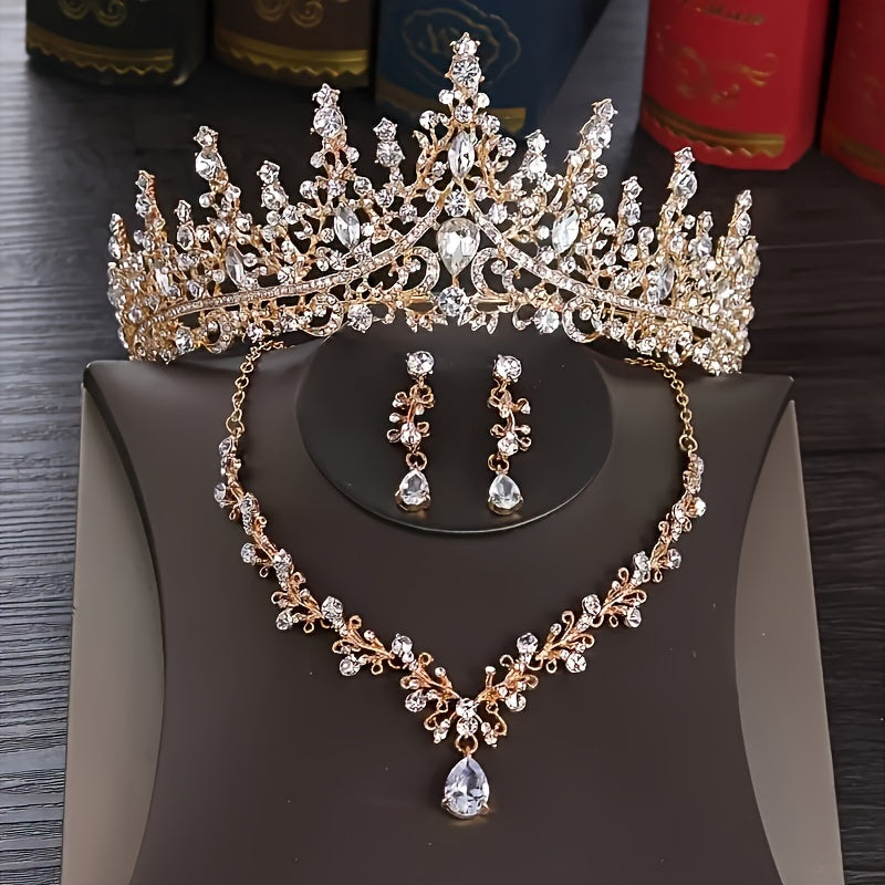 Bridal Jewelry Set Rhinestone Crown Necklace Earrings Wedding Accessories Alloy for Women