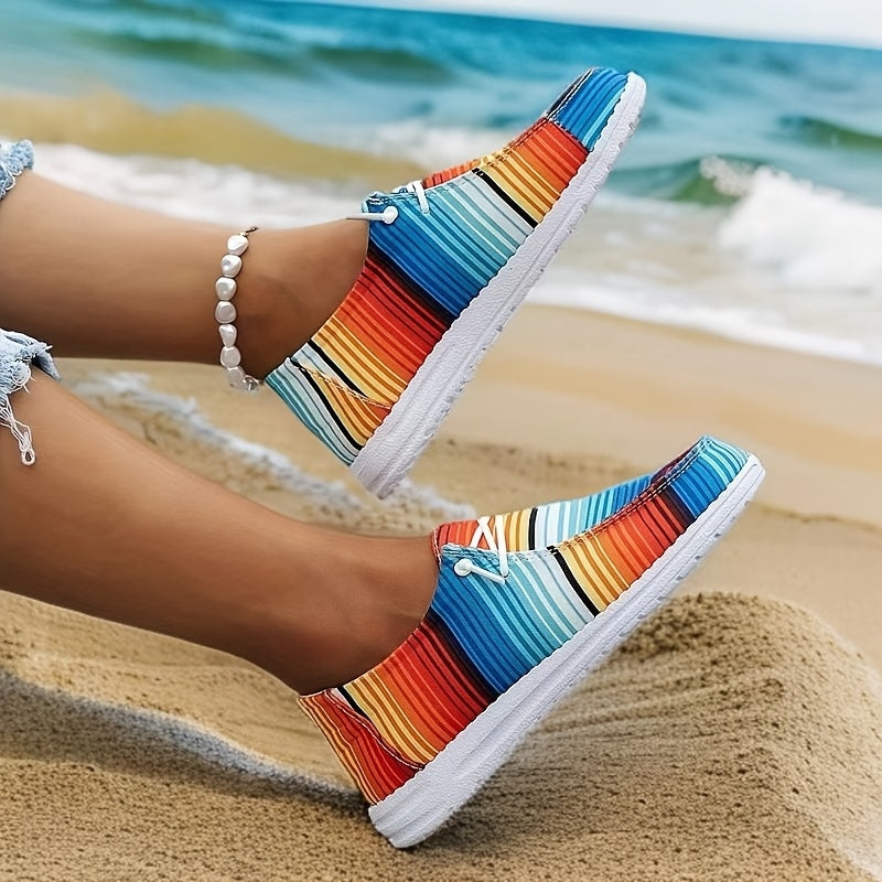 Women's Casual Striped Canvas Sneakers, Slip-On, All-Season, Lightweight