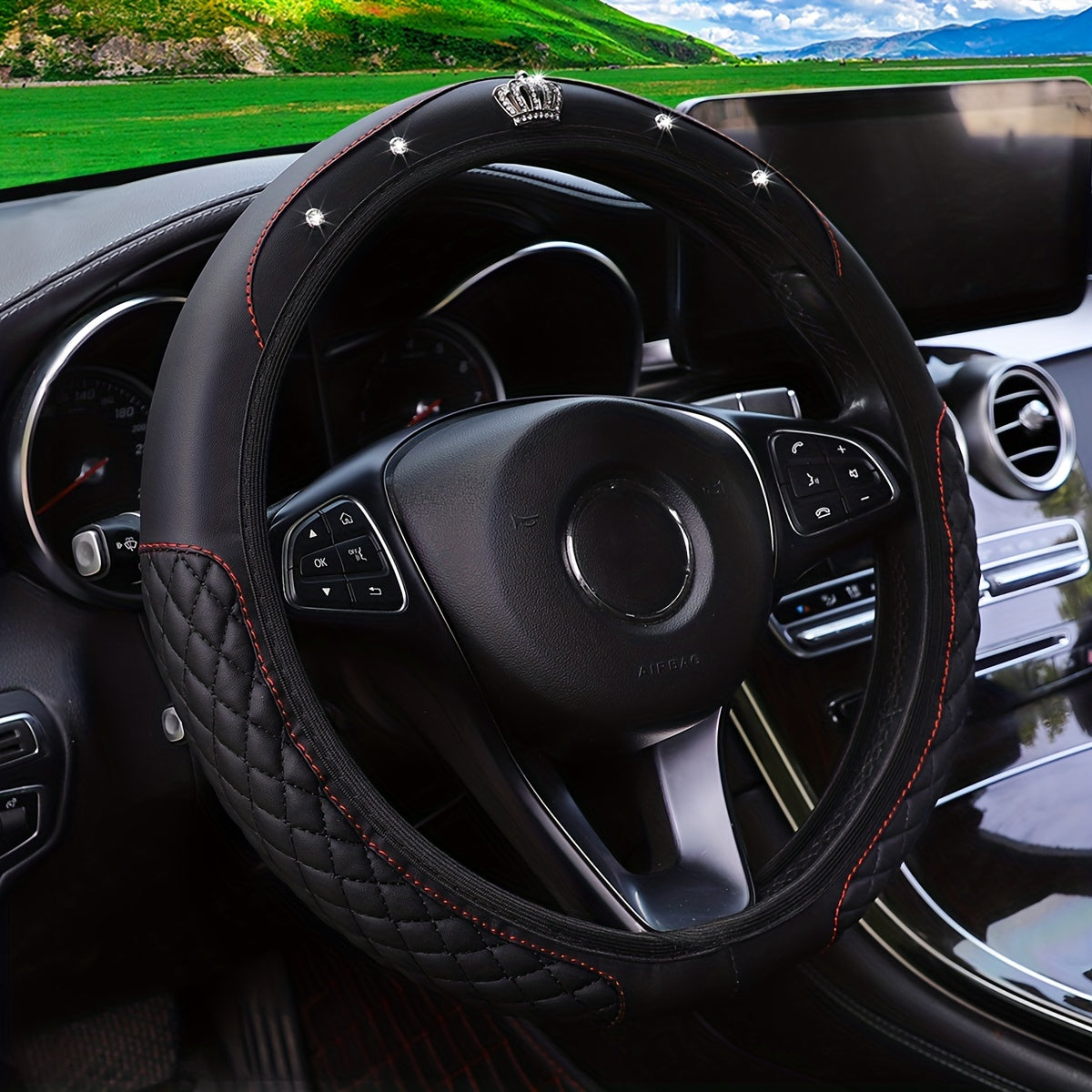 Rangli rhinestone bilan bezatilgan rul qopqog'i, yopishqoqsiz charm, 36.83-38.1 sm ga mos keladi