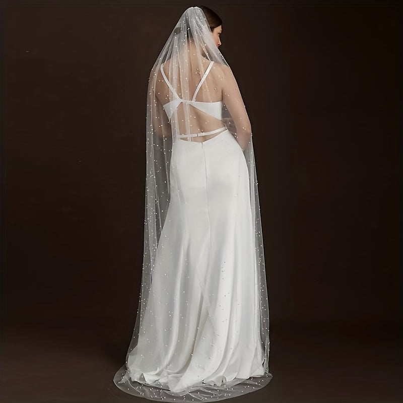 White Long Tulle Wedding Veil with Faux Pearl Accents for Bride