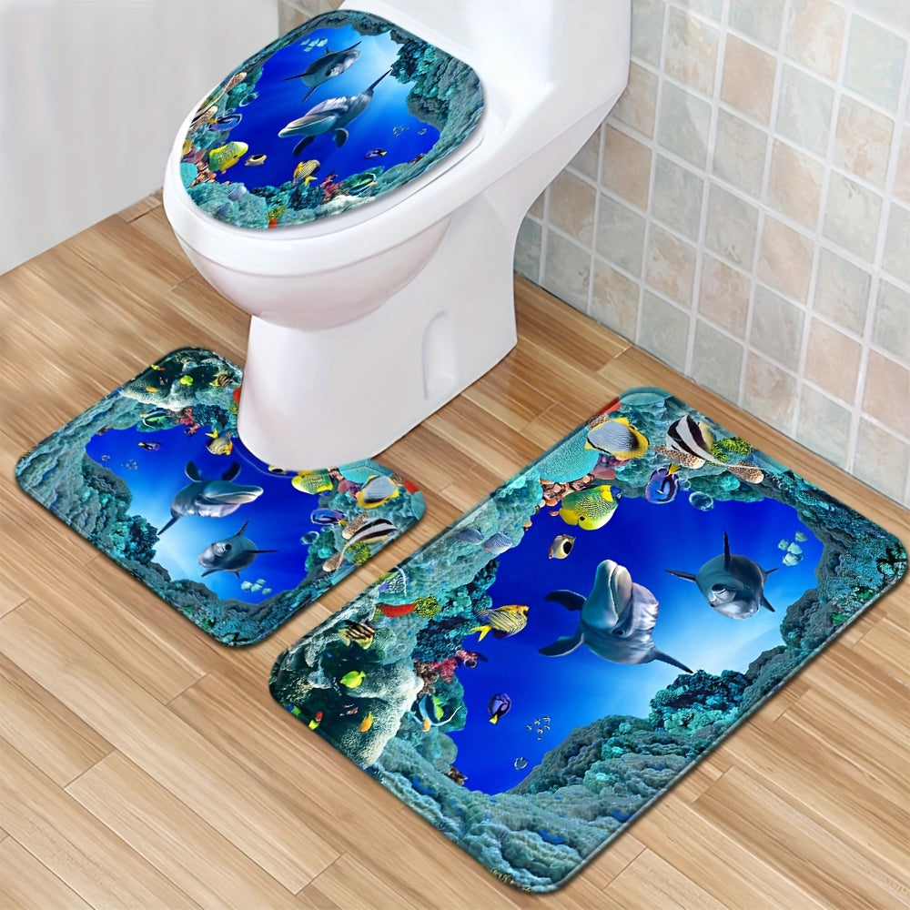 Set of 3 Ocean Underwater Cave Fish Bathroom Mats Non-Slip Water Absorbent Coral Reef Design