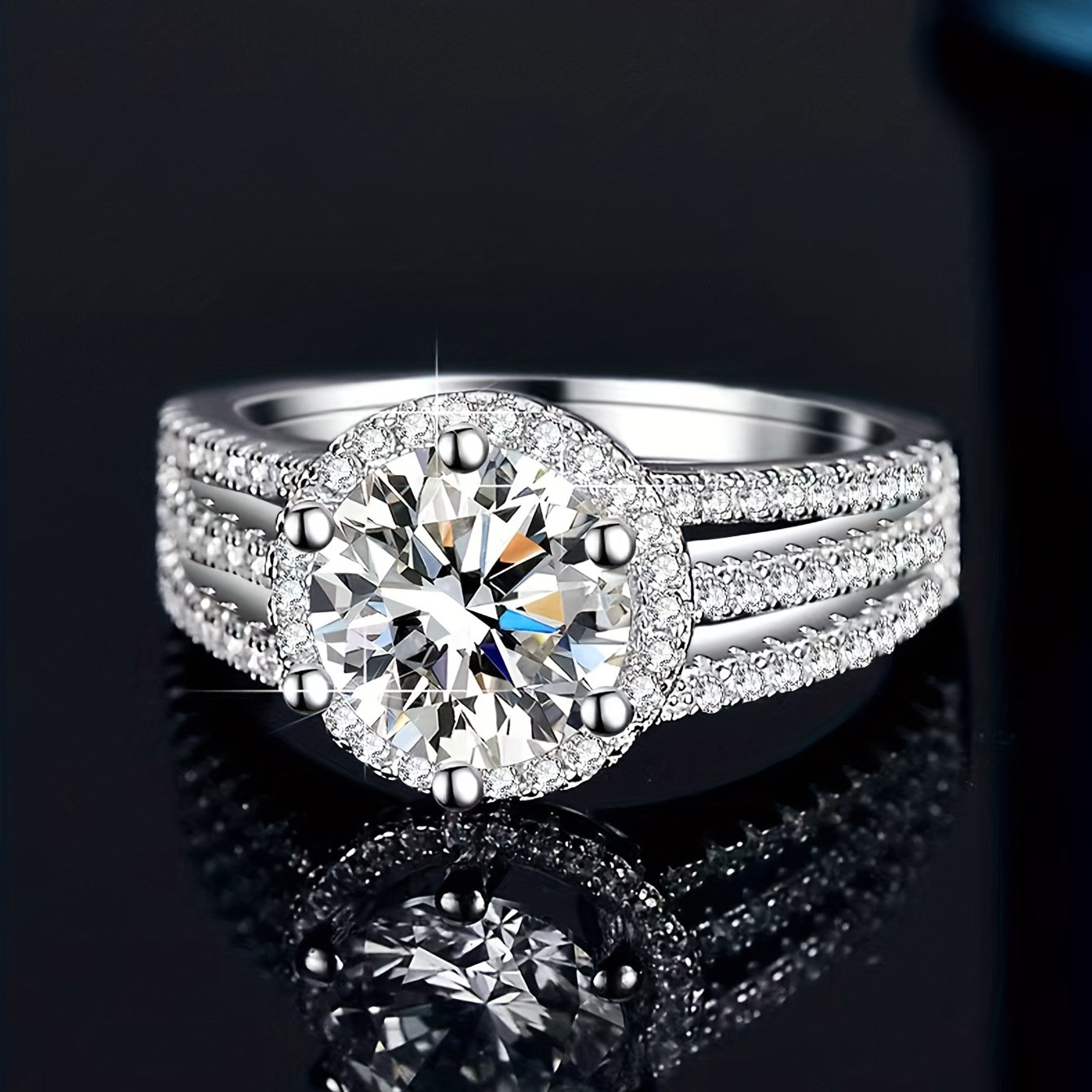 Sterling Silver Wide Band Ring with 2/3ct Moissanite and Pave Zirconia for Engagement or Wedding