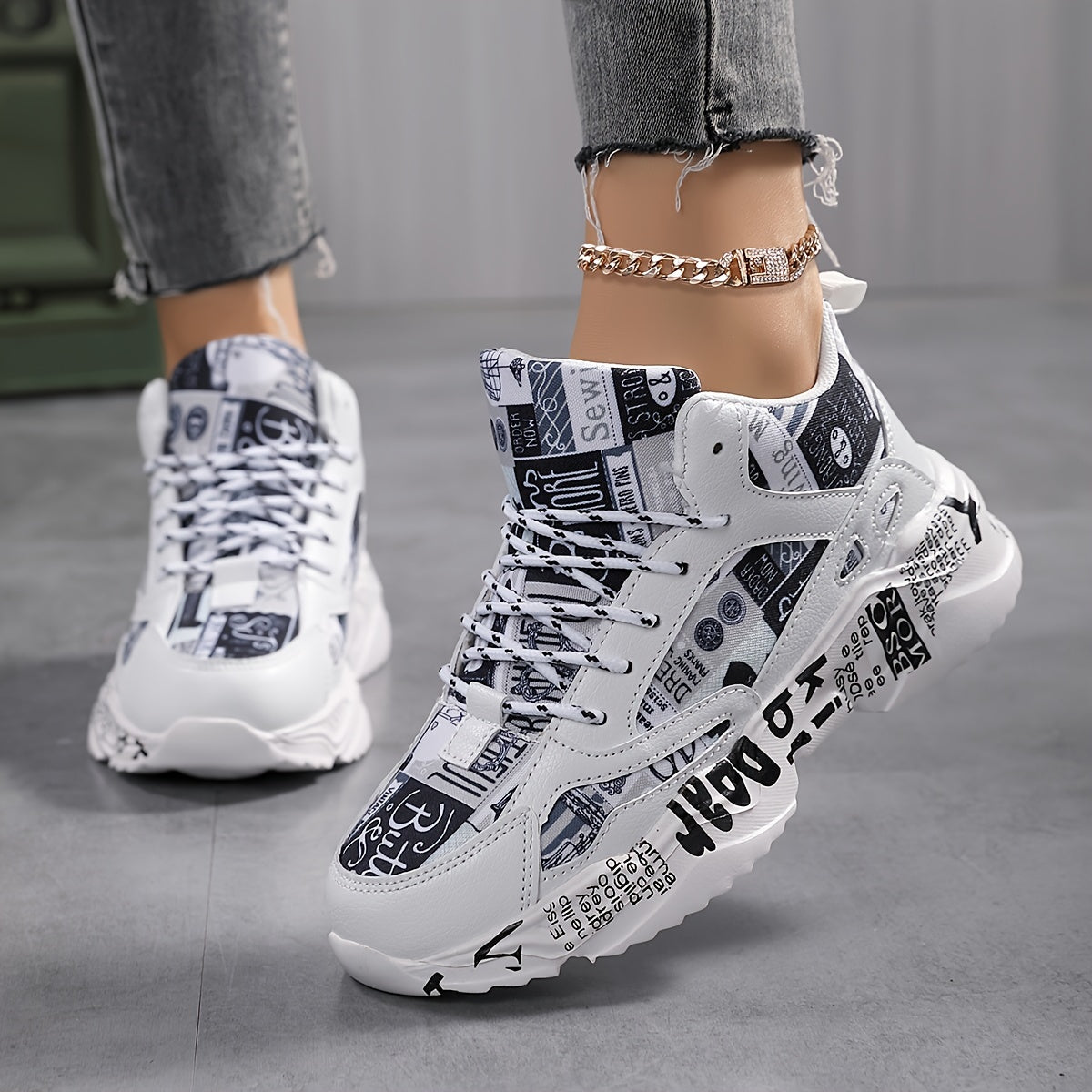 Men's and Women's Breathable Chunky Sneakers with Denim-Like Fabric and Bold Letter Print for All-Season Urban Streetwear