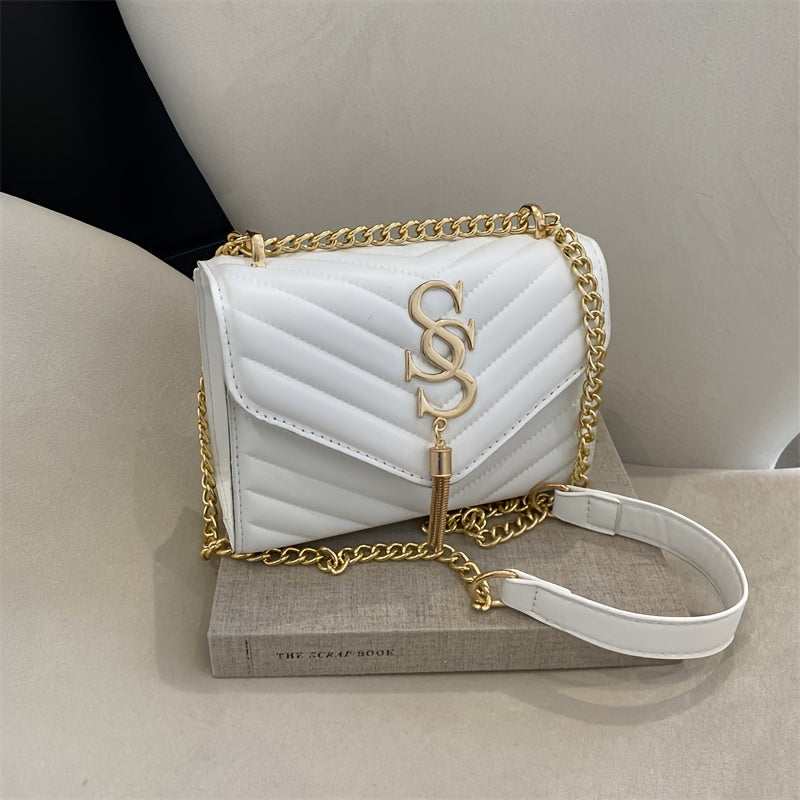 PU Chain Decorated V-Shaped Tassel Square Shoulder Bag