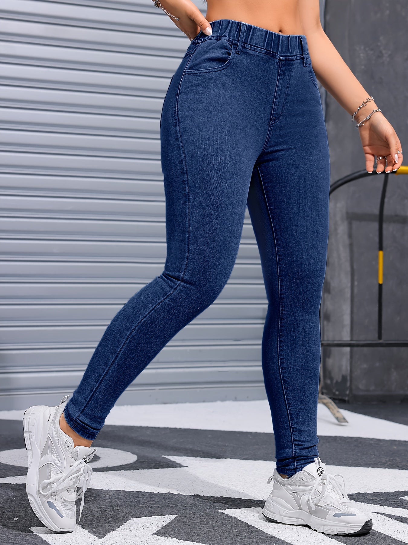 Women's Dark Blue Skinny Jeans Stretch Denim Elastic Waist Comfortable