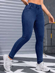 Ayollar uchun qorong'i ko'k skinny jinslar, kengaytiriladigan denim, elastik bel, qulay