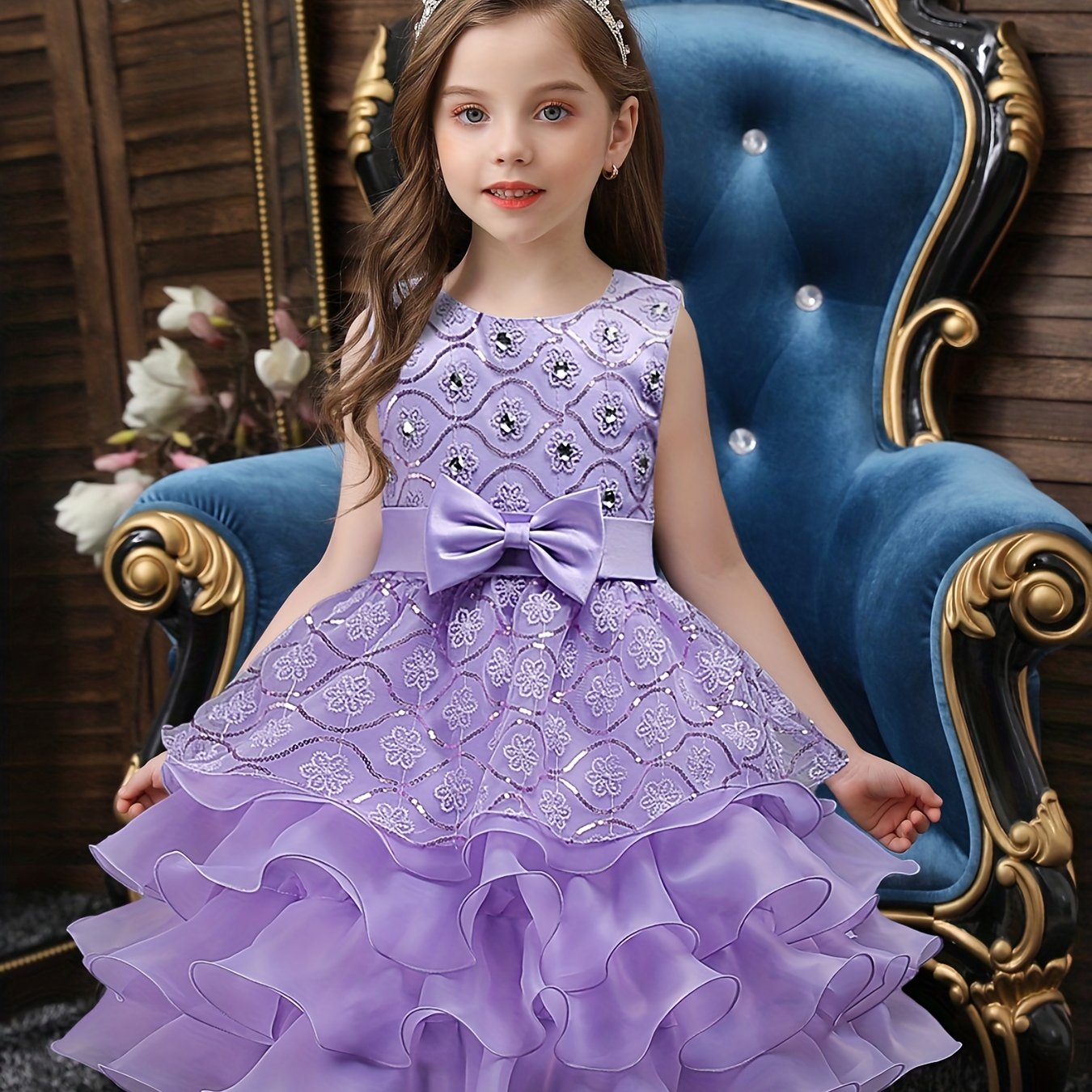 Girls Sleeveless Sequin Flower Princess Dress for Party Wedding Birthday