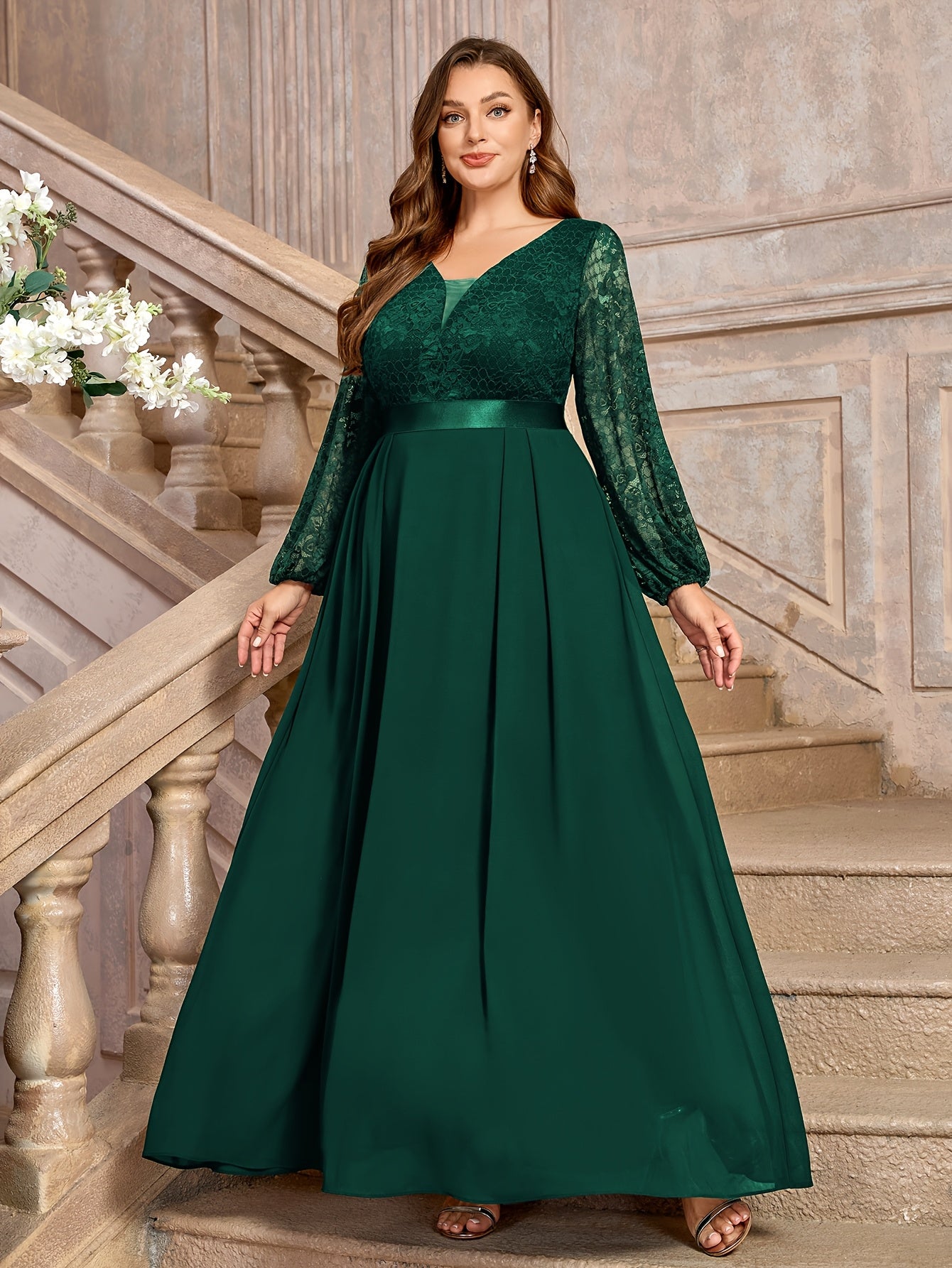 Plus Size Women's Floral Lace Chiffon Long Dress Evening Gown Formal Party