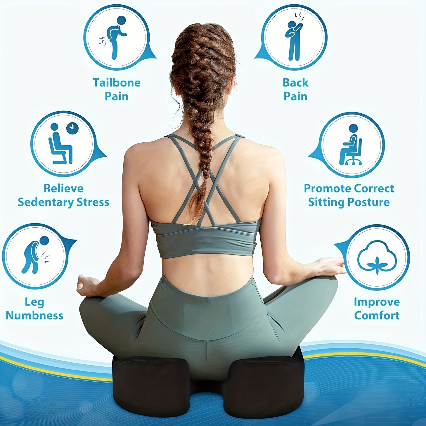 Memory Foam Seat Cushion for Office Car Travel Coccyx Back Pain Relief Black